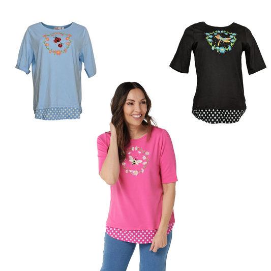 Quacker Factory Springtime Embellished Top with Polka Dot Hem