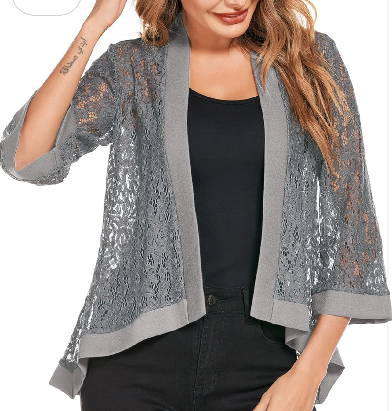 Dealwell Women's Lightweight Lace Cardigan 3 4 Sleeve Summer Jacket,Grey,M