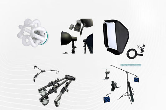 Lighting Bulbs / Heavy Duty 2-way Use Boom Stand: Sand Bag and Carry Bag / Tripod Dolly / Studio continues lightkit / Flash Softbox with Mounting