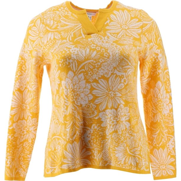 Isaac Mizrahi Women's Floral Jacquard Split-Neck Sweater