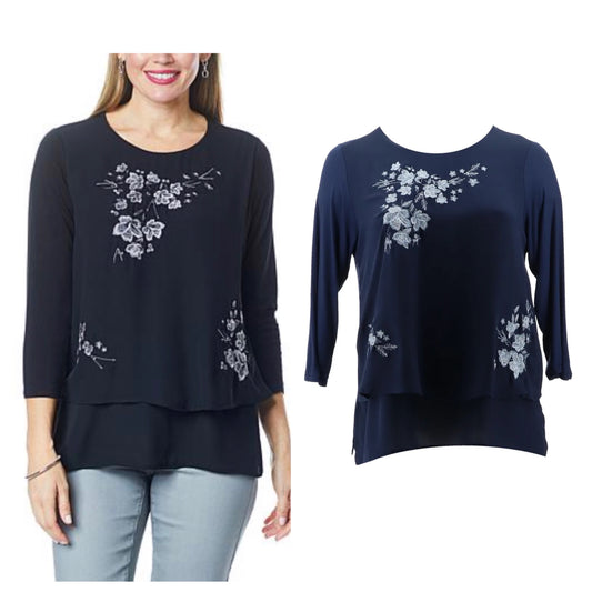 DG2 Diane Gilman 3/4-Slv Embroidered Easy Top