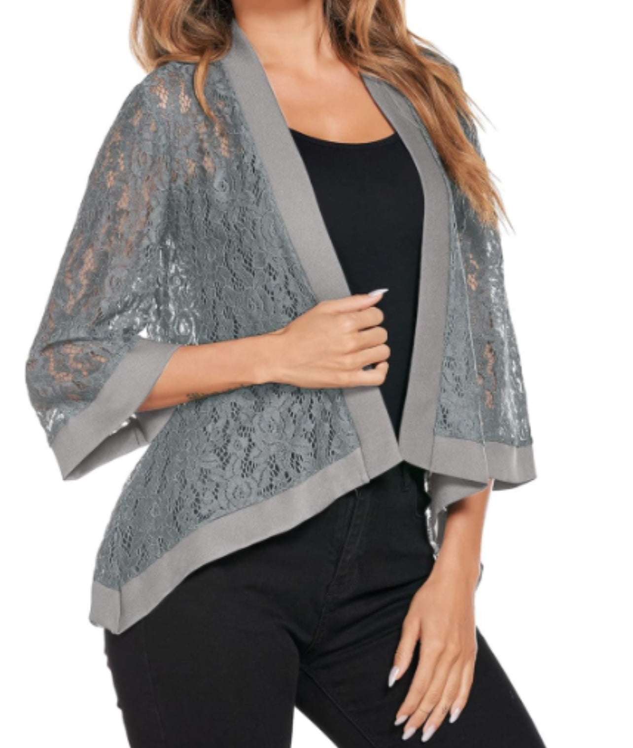 Dealwell Women's Lightweight Lace Cardigan 3 4 Sleeve Summer Jacket,Grey,M