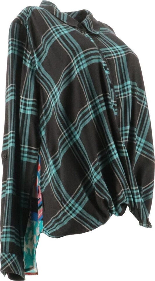 Tolani Collection Pullover Plaid Top with Printed Back Brown and Blue