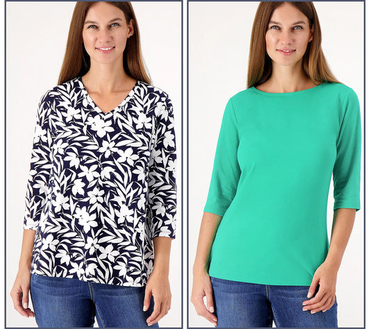 Denim & Co. Essentials Favorite Jersey Set of Two Knit Tops /Nvy/Spring Jade /XS