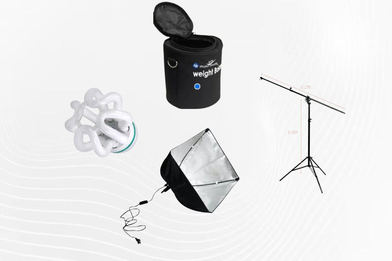 16 x 16 inch Softbox with Socket and Cable / Sand Bag / 2-way Use Boom Stand: Convertible between Regular Tripod and Boom Stand / Lighting Bulb