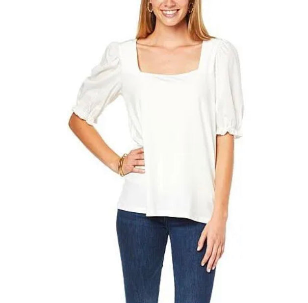 Shavonne Dorsey Square Neck
Mixed Media Top With Puff Sleeve- White