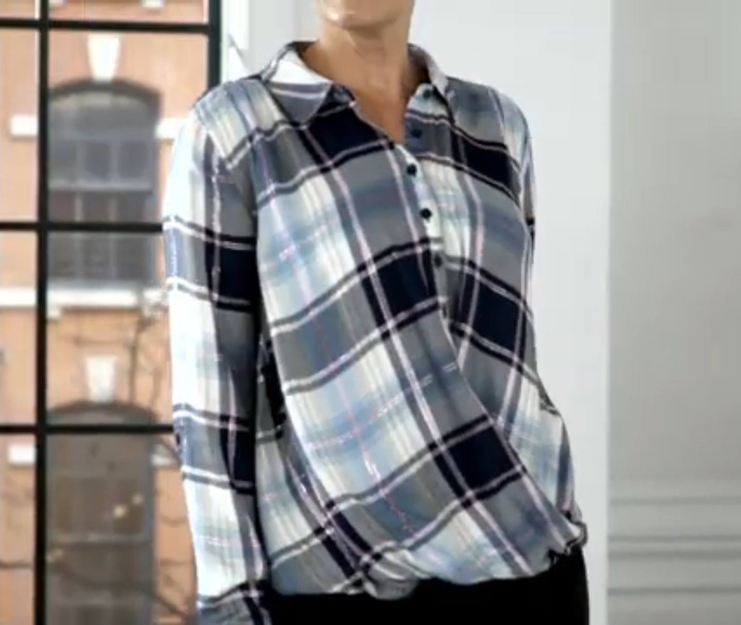 Tolani Collection Pullover Plaid Top with Printed Back Navy and Pink