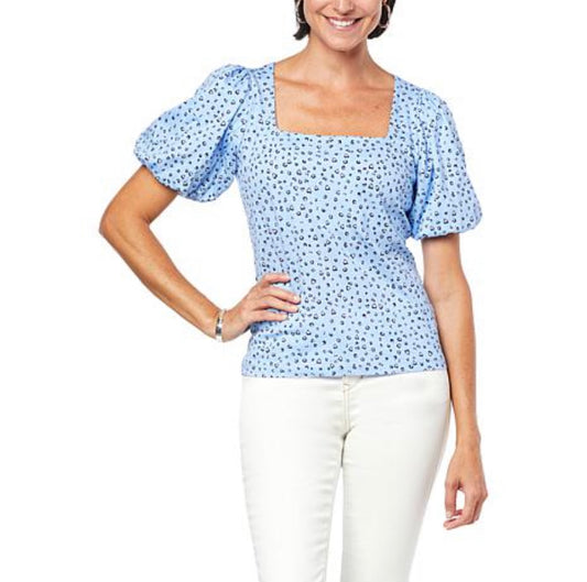 Skinnygirl Women's Polka Dot Puff Sleeve Square-Neck Tee- Blue