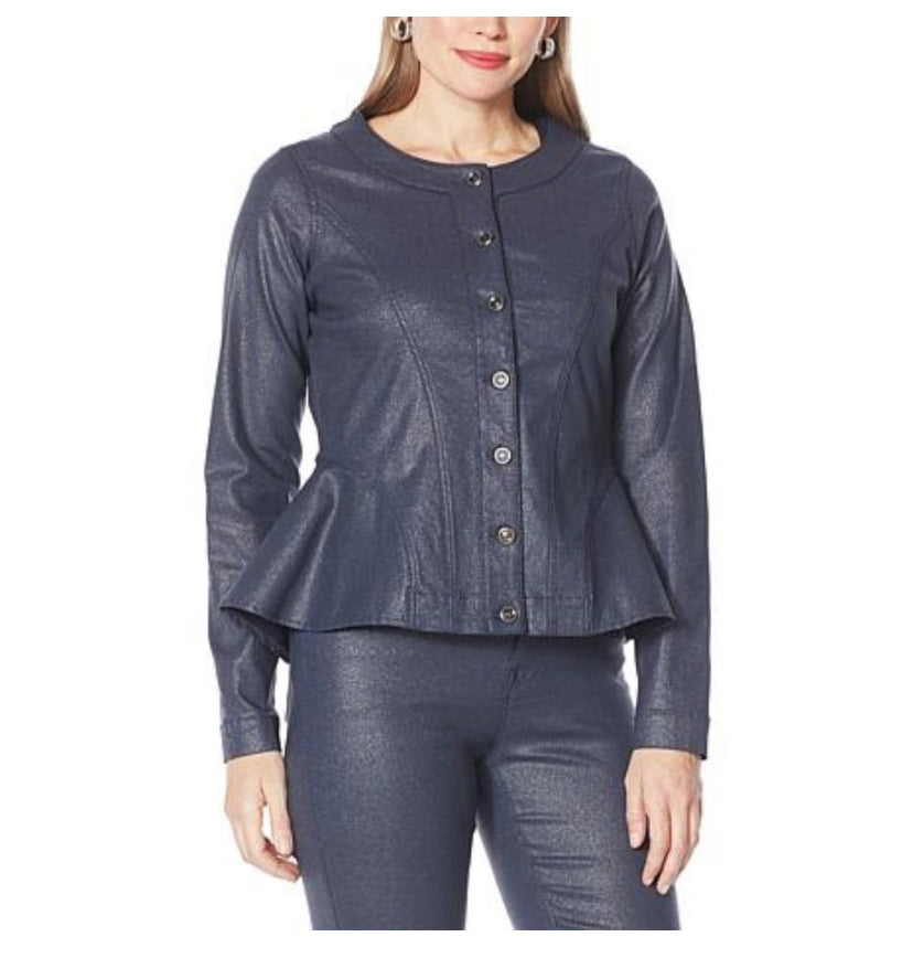 DG2 Diane Gilman Women’s Sparkle Denim Collarless Peplum Jacket