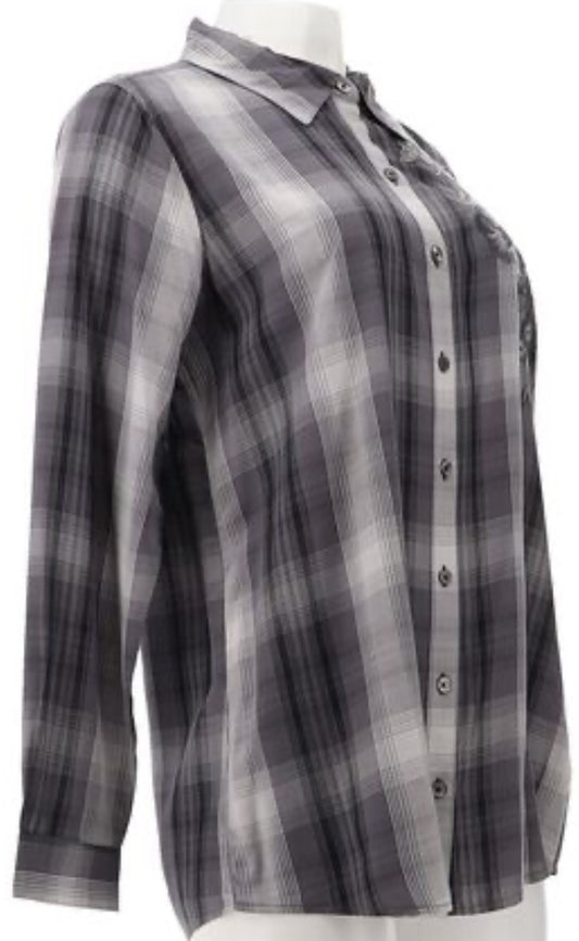 DG2 Diane Gilman Embroidered Plaid Buttoned Shirt BLACK PLAID-Size M