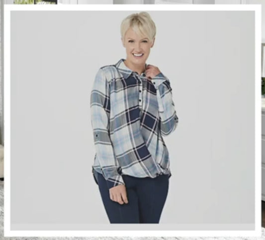 Tolani Collection Pullover Plaid Top with Printed Back Navy and Pink