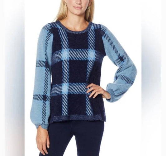 DG2 by Diane Gilman Combo Plaid Lantern-Sleeve Jacquard Sweater Women's