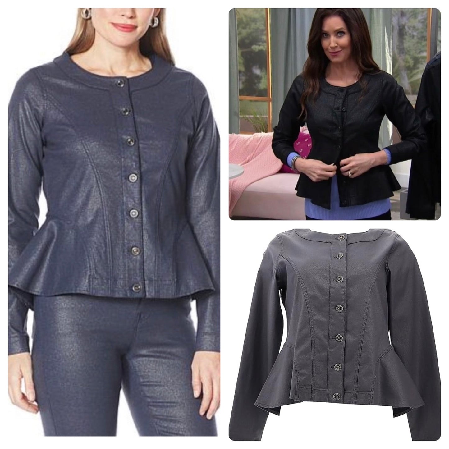 DG2 Diane Gilman Women’s Sparkle Denim Collarless Peplum Jacket