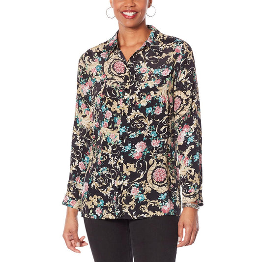 DG2 by Diane Gilman Printed Silk-Blend Buttoned Shirt- Black Printed Women’s