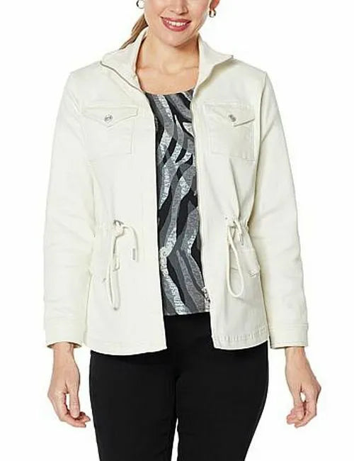 DG2 Diane Gilman Virtual Stretch Denim Zip Anorak Jacket- Ivory Size S