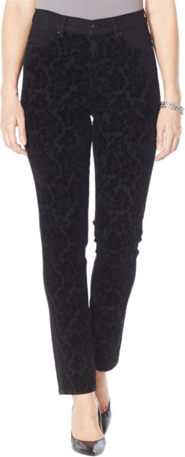 DG2 by Diane Gilman Classic Stretch Front Flocked Skinny Jean- Black Floral