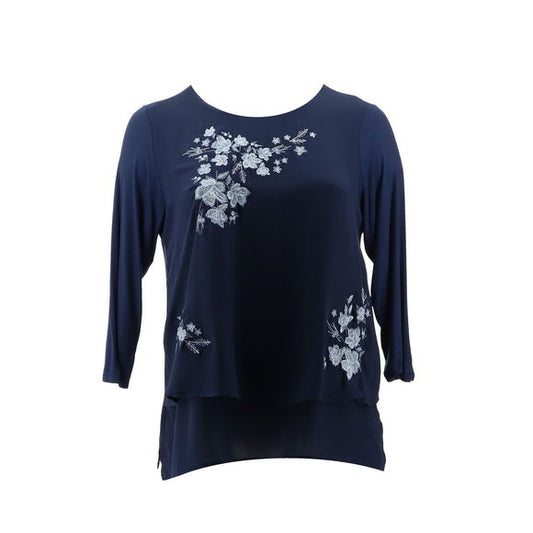DG2 Diane Gilman 3/4-Slv Embroidered Easy Top NAVY