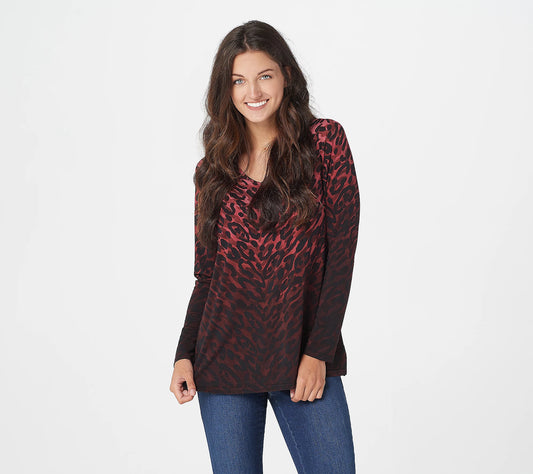 Belle by Kim Gravel Animal Print Knit Top- Burgundy XXS