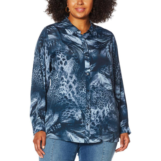 DG2 Diane Gilman Silk-Blend Button Shirt SIZE-(L) BLUE