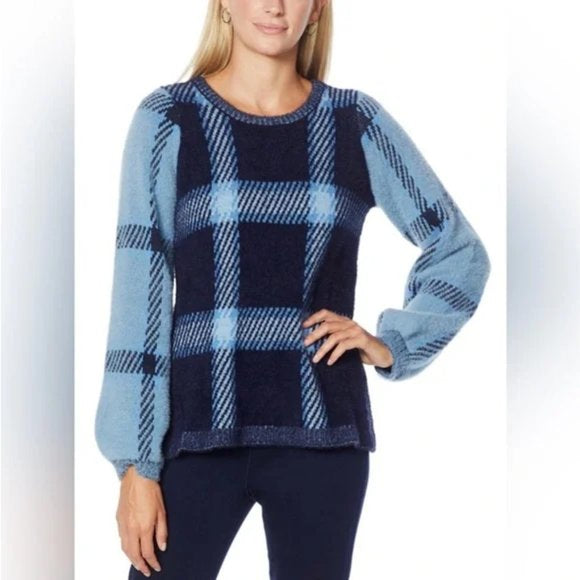 DG2 by Diane Gilman Plaid Lantern-Sleeve Jacquard Sweater