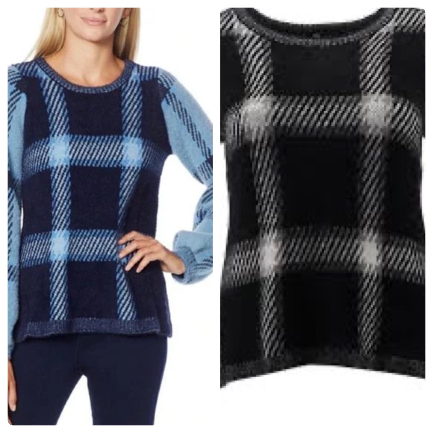 DG2 by Diane Gilman Plaid Lantern-Sleeve Jacquard Sweater