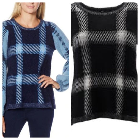 DG2 by Diane Gilman Plaid Lantern-Sleeve Jacquard Sweater