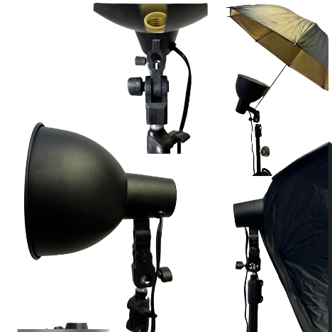 8” Studio continuous light kit Ready for Umbrella / 2-way Use Boom Stand:  Convertible between Regular  Tripod and Boom Stand / 33 inch Gold Color Umbrella / 6 x 9 feet Green Screen with Ring Clip for Crossbar Hanging / Lighting Bulb