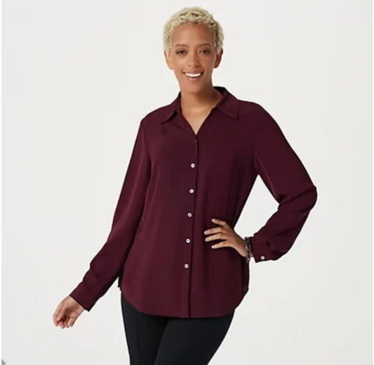Susan Graver Woven Y-Neck Button Front Shirt
