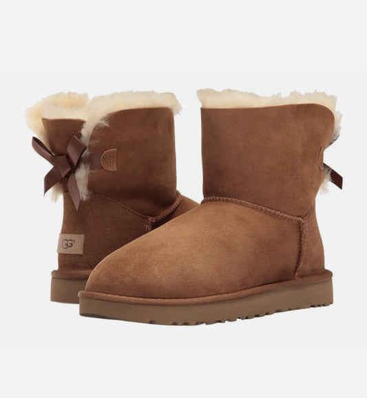 NEW UGG Size 9 Women's Mini Bailey Bow II Chestnut Brown Suede Ankle Boots