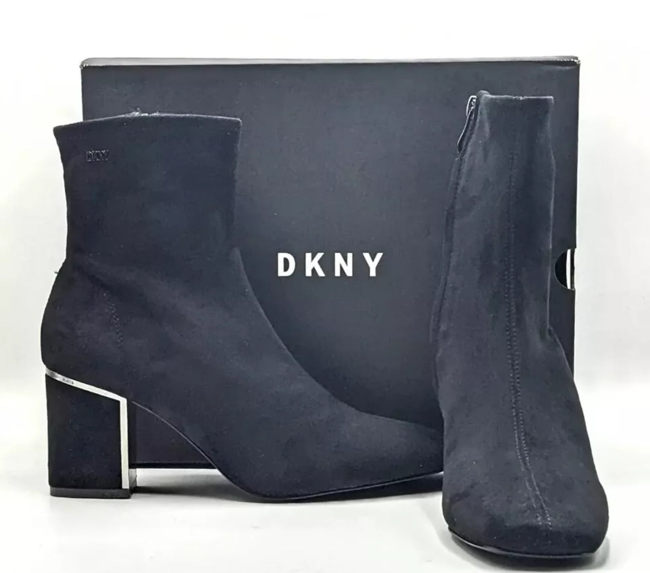 DKNY Cavale-Heeled Boot Size 10 Soft Micro Suede ~ Mirror Trim Heels Black Dress Boot