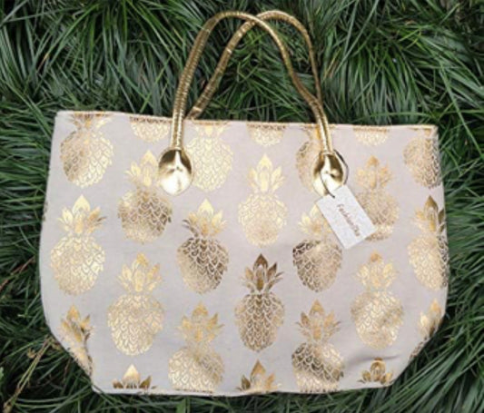 Fashlanlika Women Metal Gold Pineapple Beach Tote Bag with Gold Accents, Beige,