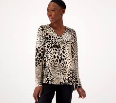 Attitudes by Renee Long Sleeve V-neck Tunic Textured Knit Leopard, XS A566556