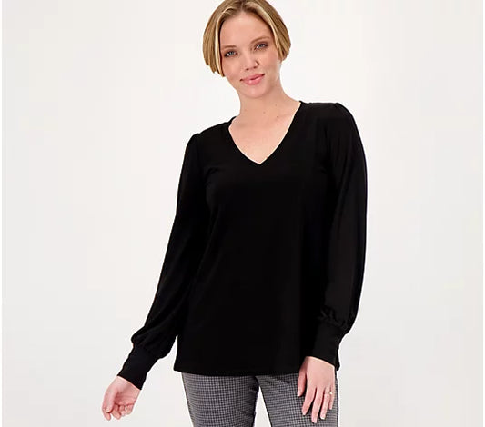 Dennis Basso Italia Women's Knit A- Line Blouson Sleeve Top Black