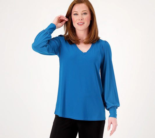 Dennis Basso Italia Women's Knit A- Line Blouson Sleeve Top Vibrant Blue