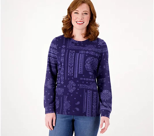 Denim & Co. Women's Active Printed French Terry Round Neck Pullover Navy