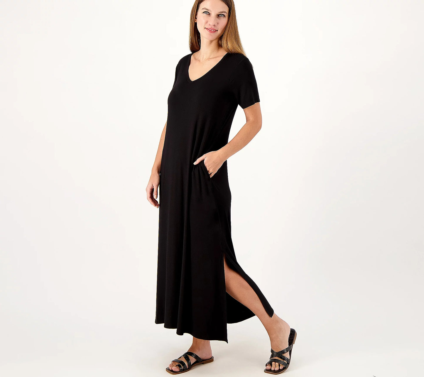 Belle by Kim Gravel Women's Tall Print or Solid V-Neck Maxi Dress XS Tall Black