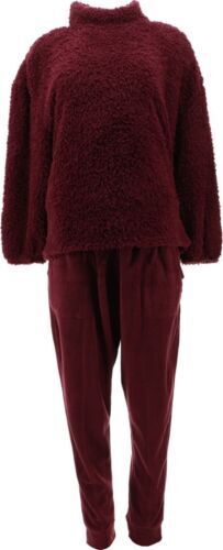 Carole Hochman Women's Petite Sherpa Funnel Neck with Jogger Burgundy Petite