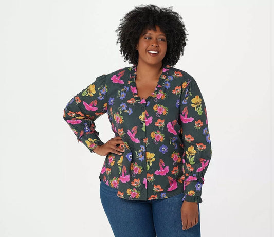 Tolani Collection Button-Front Top Ruffle BLACK FLORAL NEW A389947