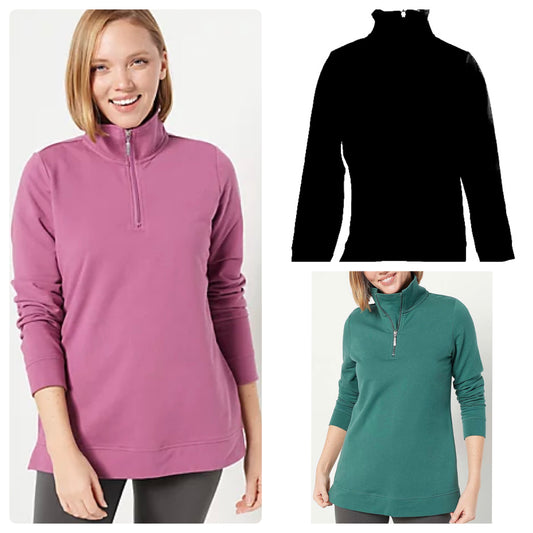 Denim & Co. Active Petite French Terry Half Zip Women's Top