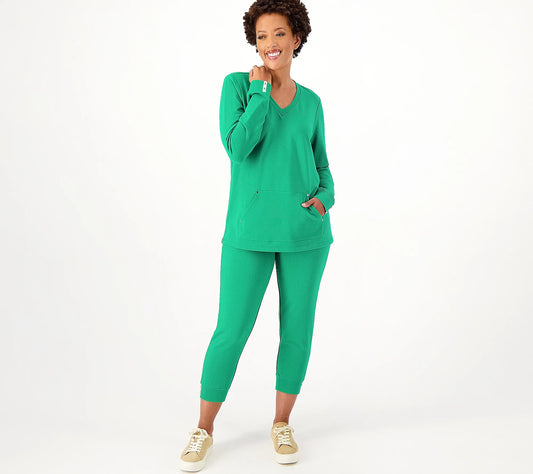 Sport Savvy Women’s Regular French Terry Vneck Top & Crop Pant Set- Emerald