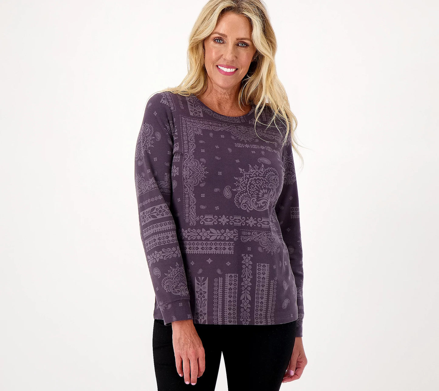 Denim & Co. Women’s Active Printed French Terry Round Neck Pullover