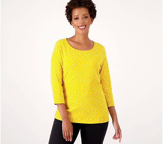 Isaac Mizrahi Live! Women’s Printed Pima Top with 3/4 Sleeves and Scoop Neck- MariGold
