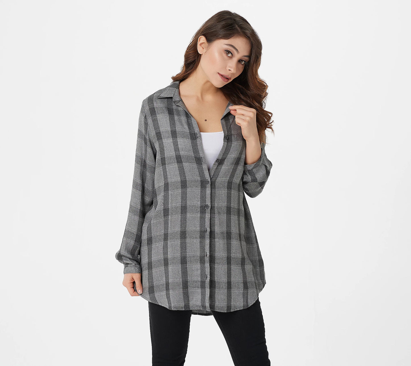 Side Stitch Women’s Button- Front Tunic with Lurex Detail