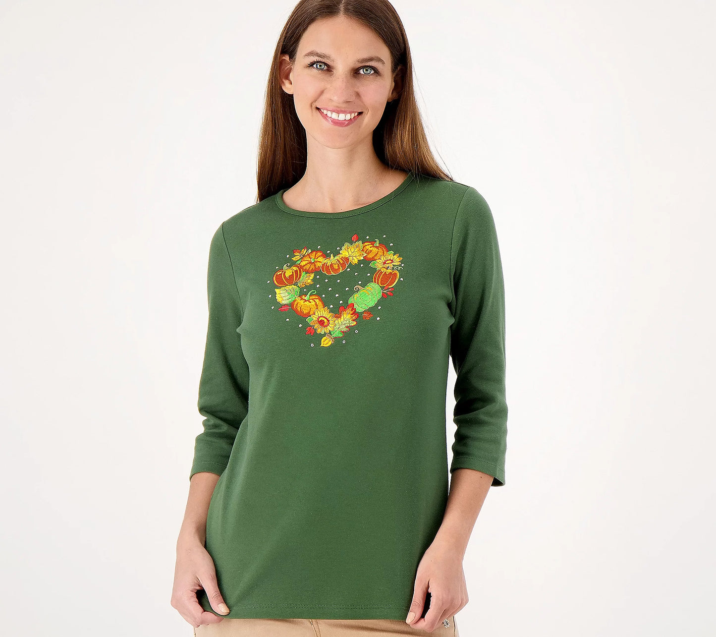 Quacker Factory Women’s Seasonal Love 3/4-Sleeve Top- Dark Olive