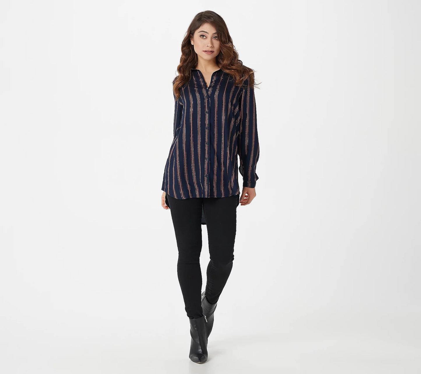 Side Stitch Women’s Button- Front Tunic with Lurex Detail