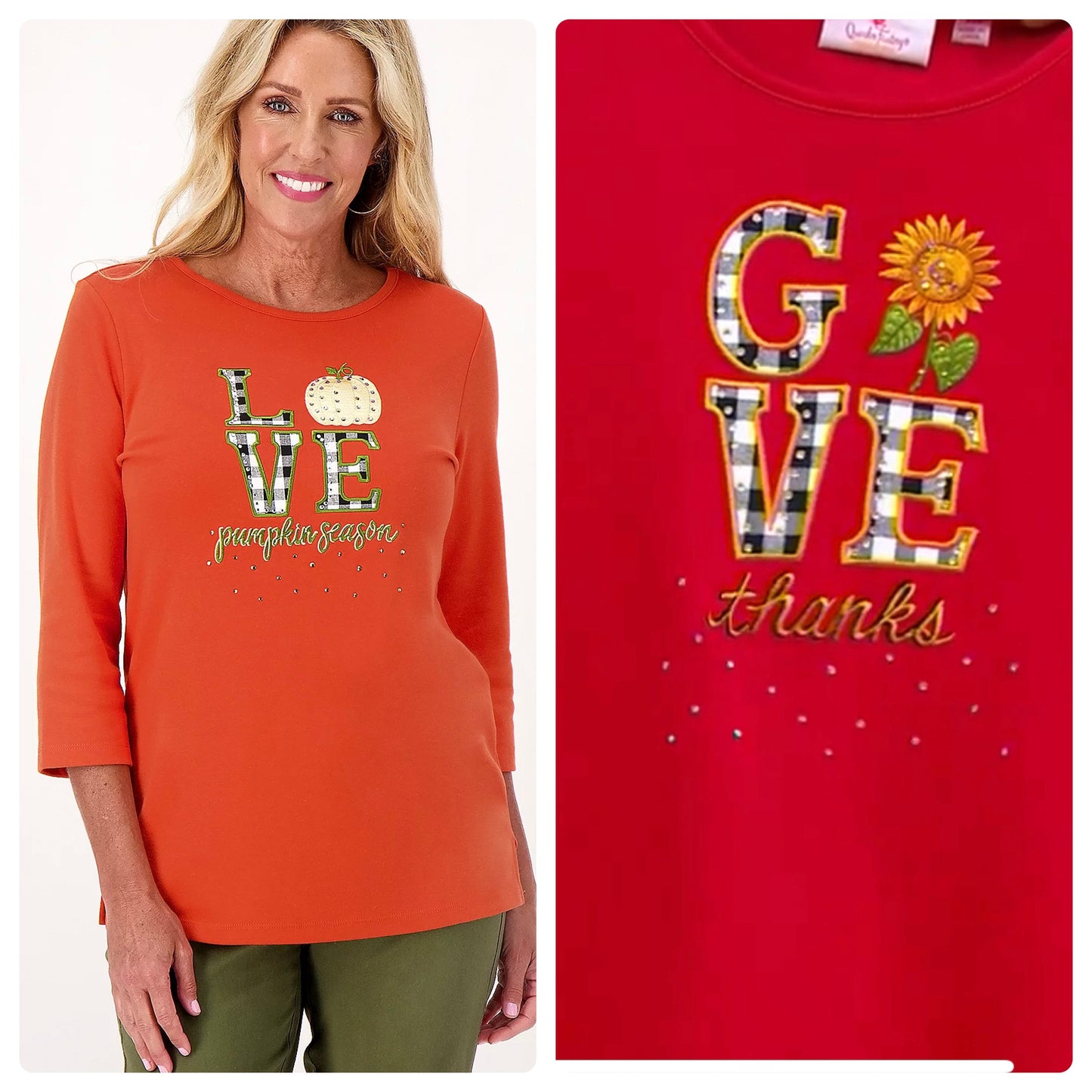 Quacker Factory Hello Fall 3/4-Sleeve Appliqued Women's Top