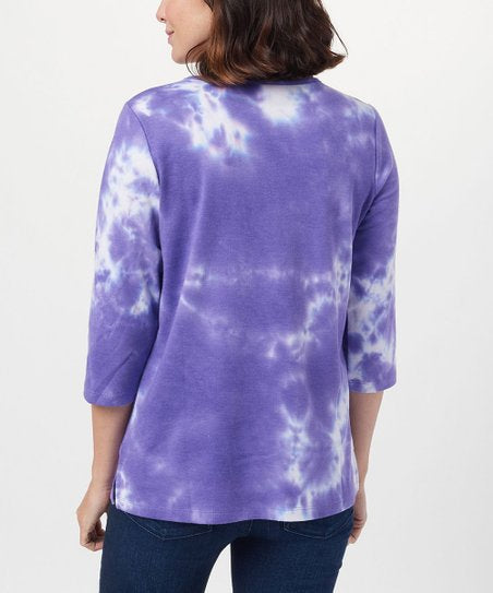 Quacker Factory Women’s Sparkle & Shine Motifs Tie-Dye Top Purple