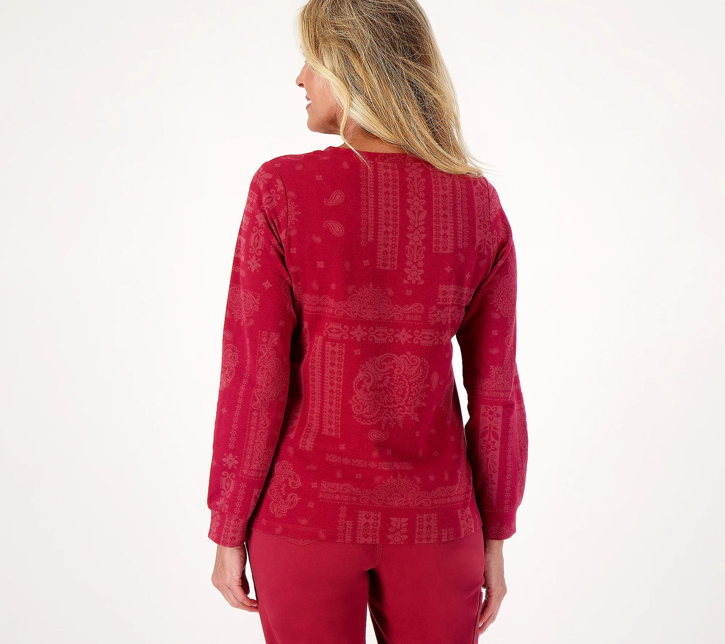 Denim & Co. Women’s Active Printed French Terry Round Neck Pullover