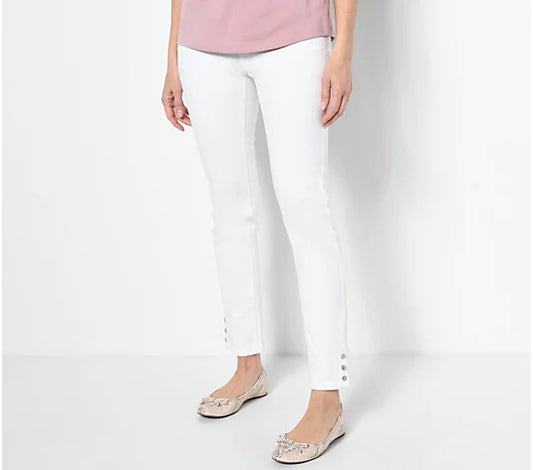 Denim & Co. Women’s Easy Stretch Denim Regular Snap-Cuff Slim Straight- White