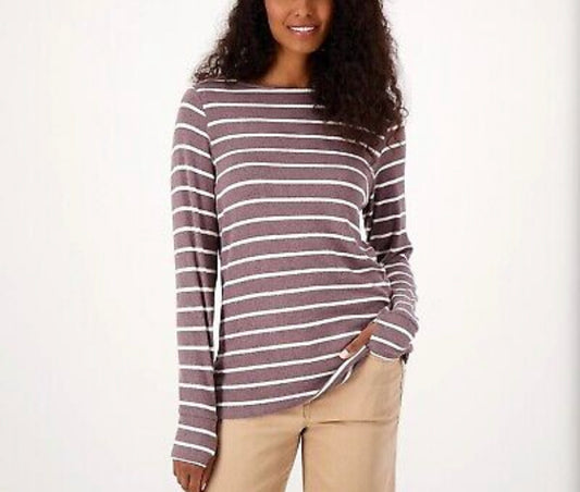 Belle by Kim Gravel Women’s Heathered Brushed Knit Striped Top- Mink